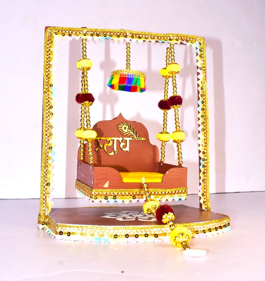 Premium Handcrafted Wooden Radha Krishna Jhula for Laddu Gopal | Designer Golden Swing for Janmashtami & Home Temple - Image 2