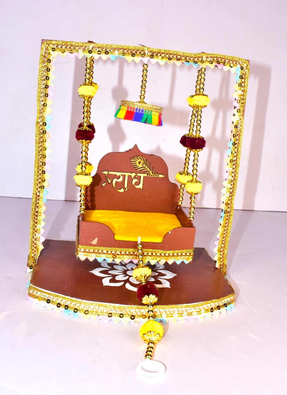 Premium Handcrafted Wooden Radha Krishna Jhula for Laddu Gopal | Designer Golden Swing for Janmashtami & Home Temple - Image 3