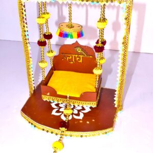 Premium Handcrafted Wooden Radha Krishna Jhula for Laddu Gopal | Designer Golden Swing for Janmashtami & Home Temple