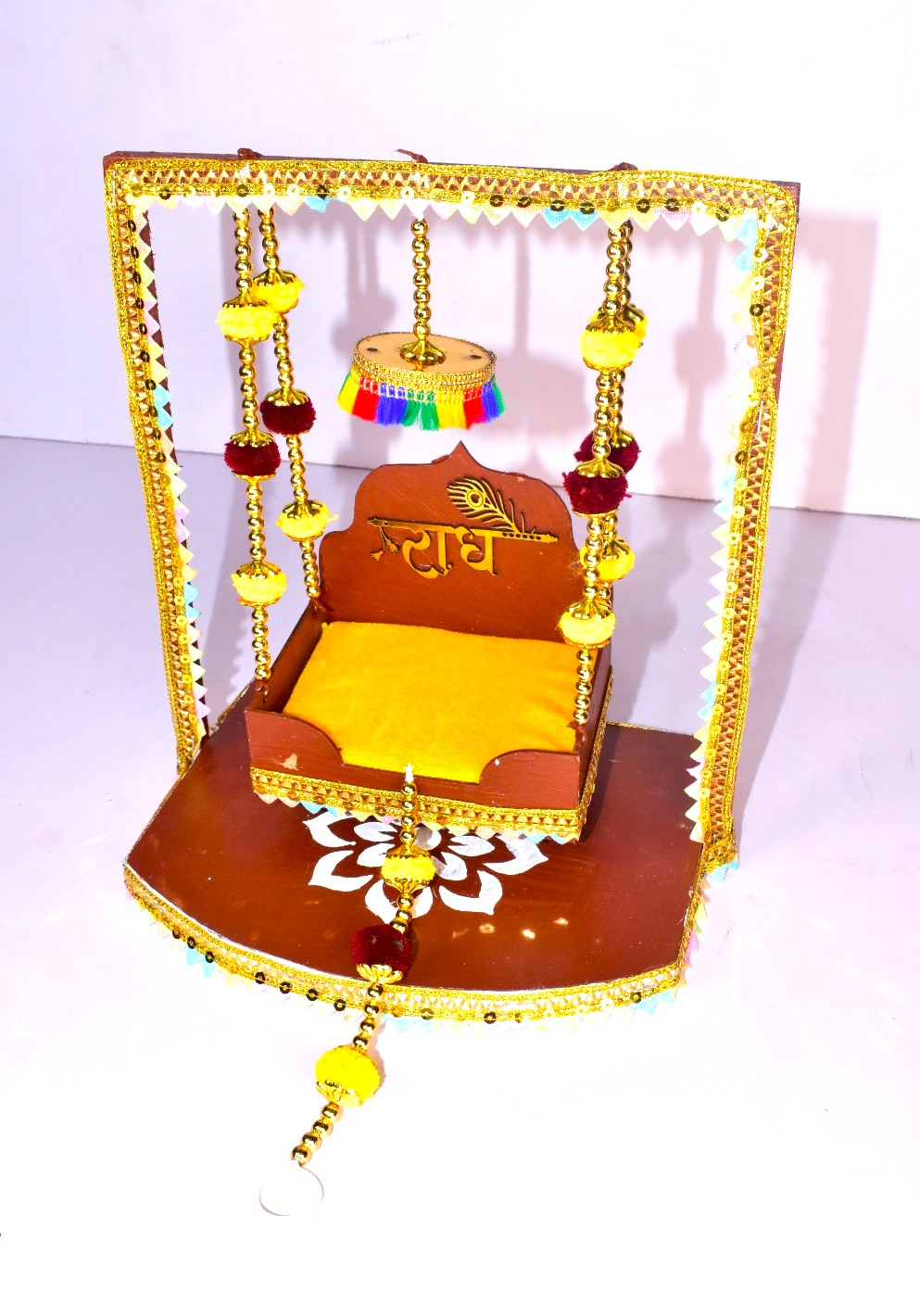 Premium Handcrafted Wooden Radha Krishna Jhula for Laddu Gopal | Designer Golden Swing for Janmashtami & Home Temple