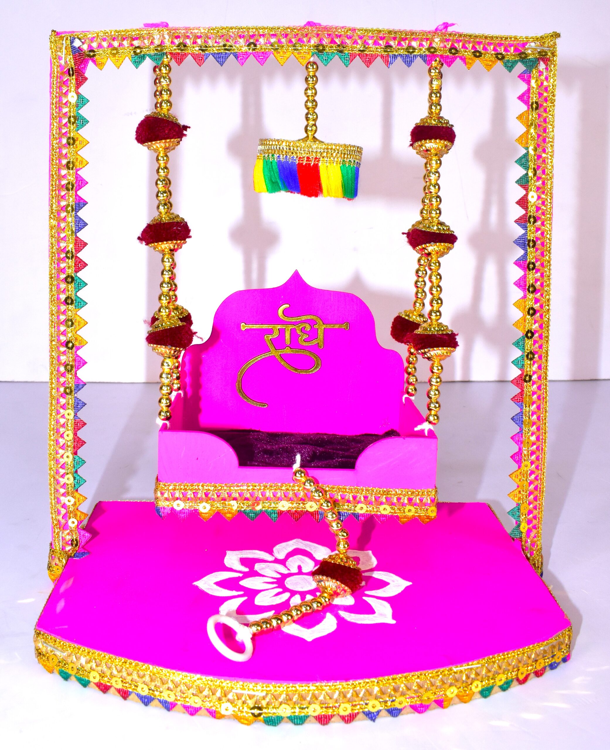 "Premium Radha Naam Jhula – Handcrafted Velvet Swing with Traditional Multicolor Embellishments"