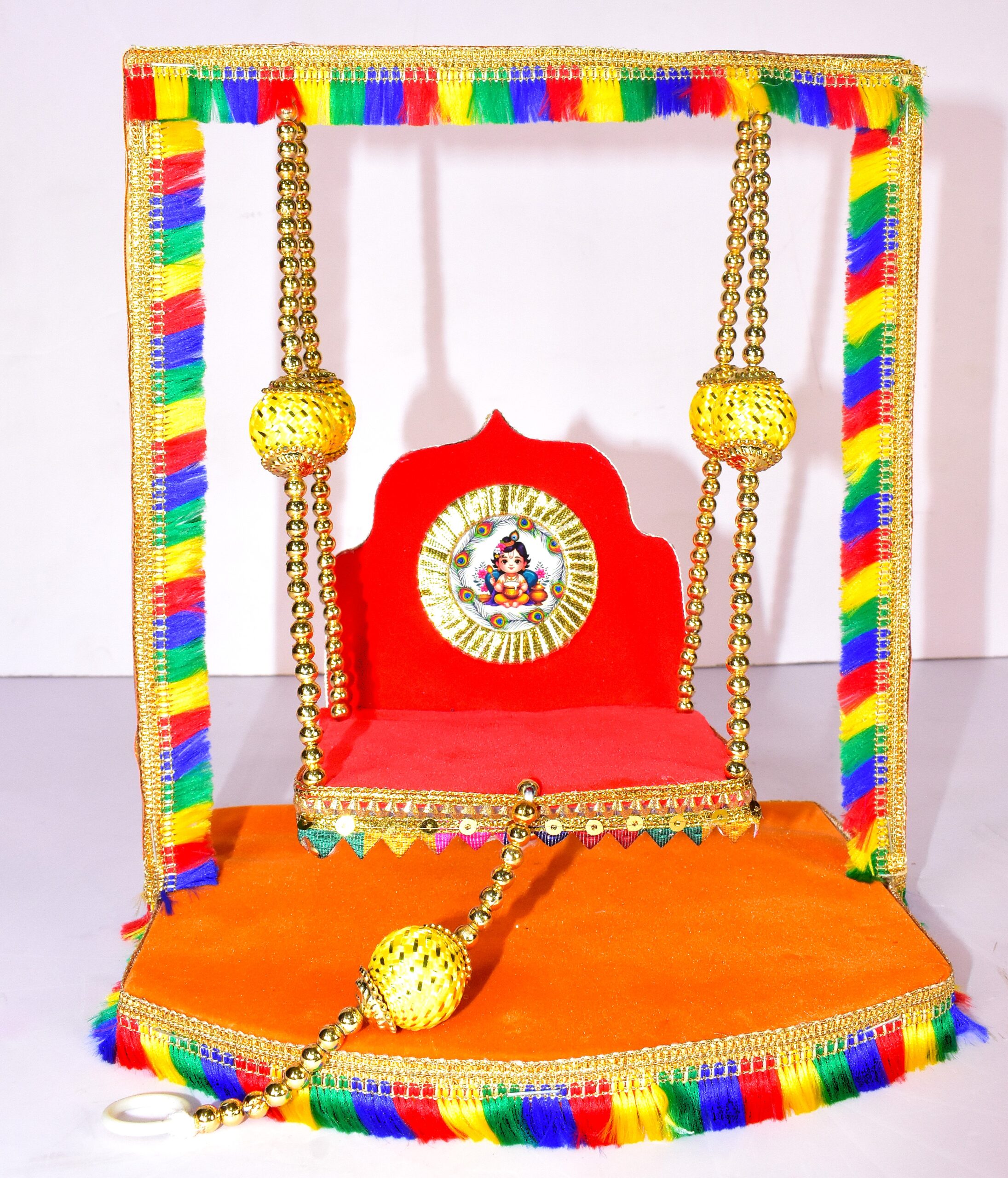 "Colorful Handmade Laddu Gopal Jhula – Vibrant Divine Swing for Festive Temple Décor"