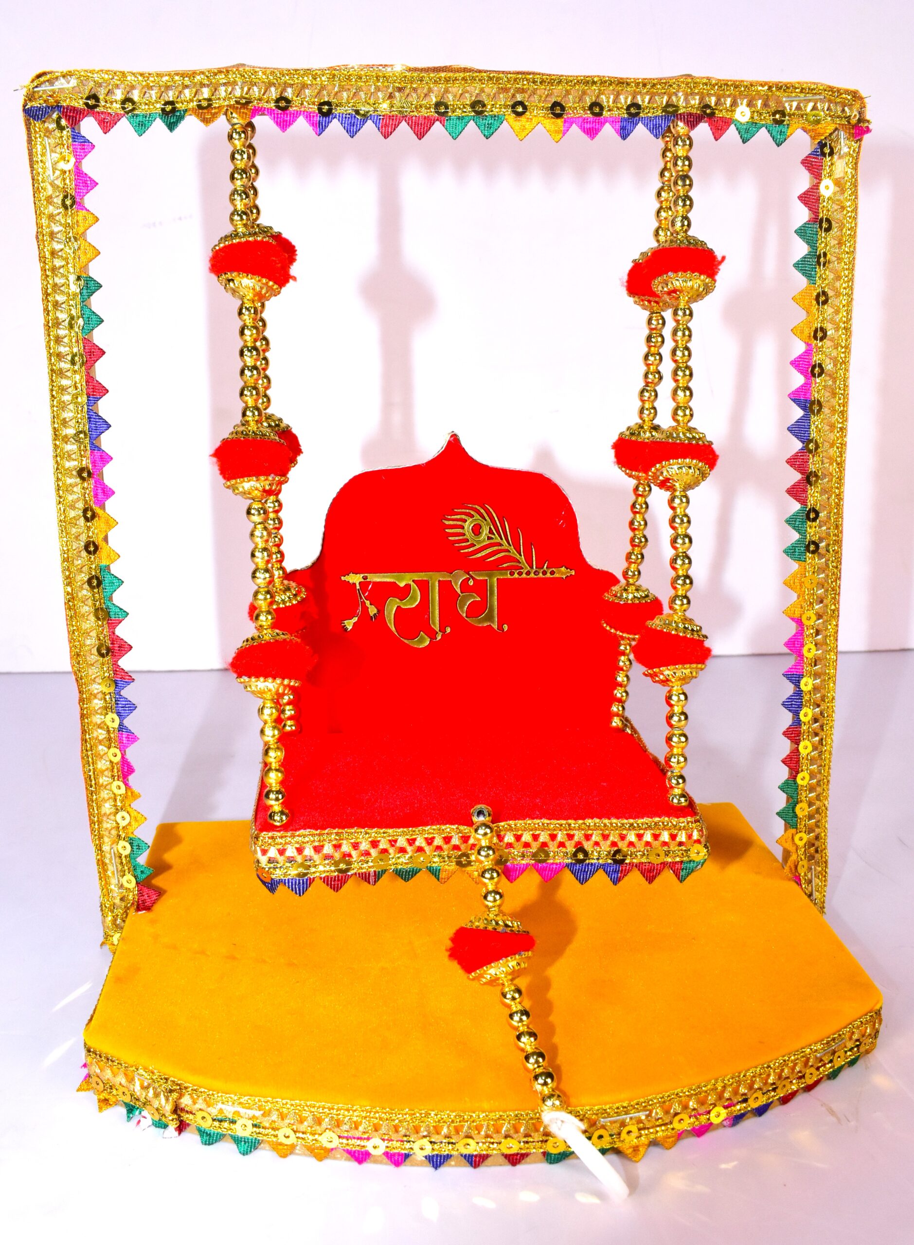 "Shri Radha Krishna Handmade Jhula – Vibrant Velvet Swing for Divine Celebrations"