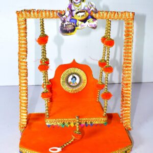 Premium Orange Laddu Gopal Jhula | Handmade Decorative Wooden Swing for Janmashtami & Home Temple