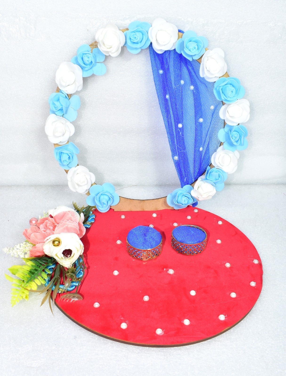 Royal Blue & White Floral Ring Platter – Elegant Handmade Engagement Décor
