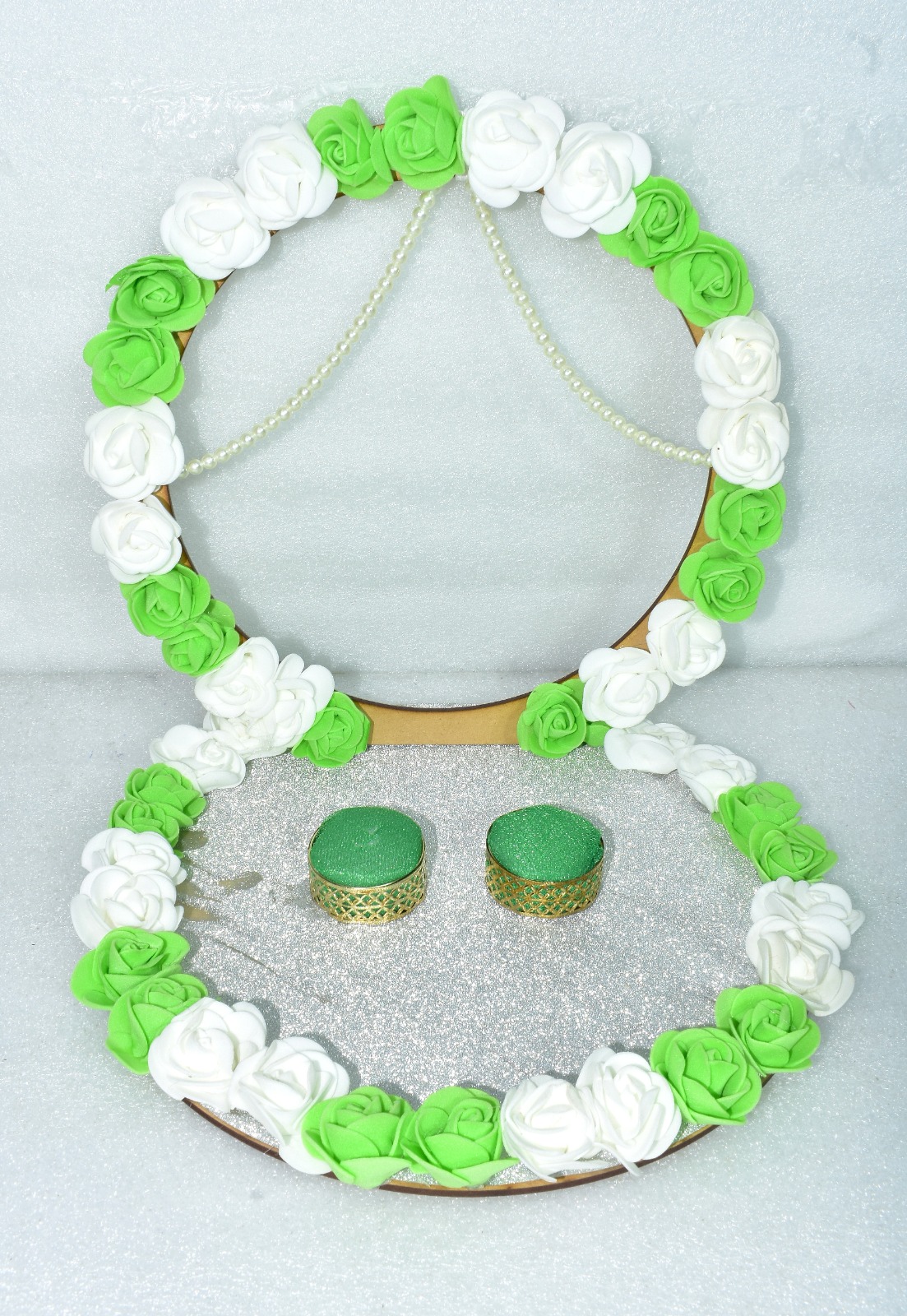 Elegant Green & White Ring Ceremony Stand – A Touch of Grace for Your Special Day