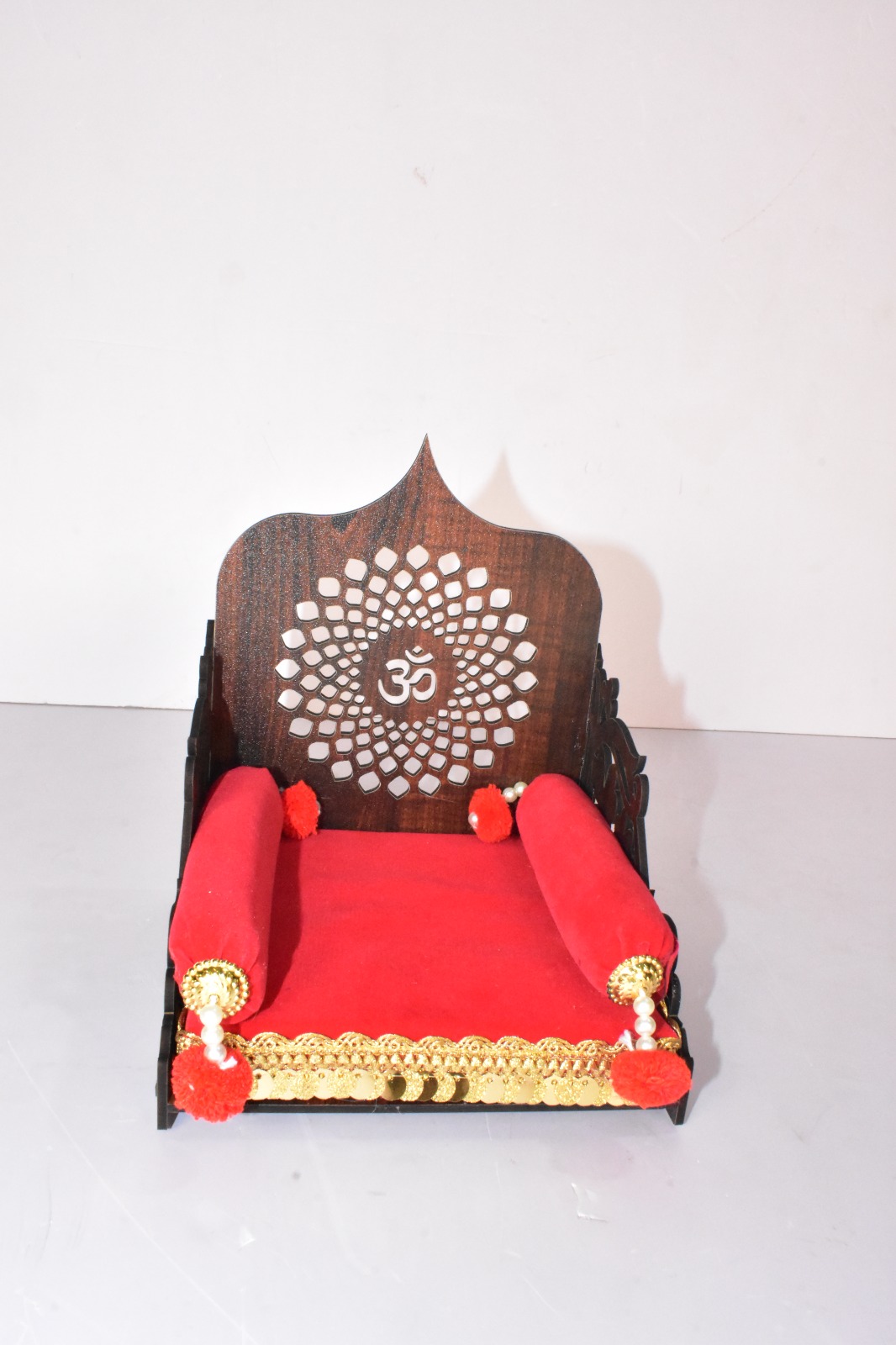 Elegant Wooden Om Chowki for Laddu Gopal | Divine Handmade Pooja Decor for Home Temple