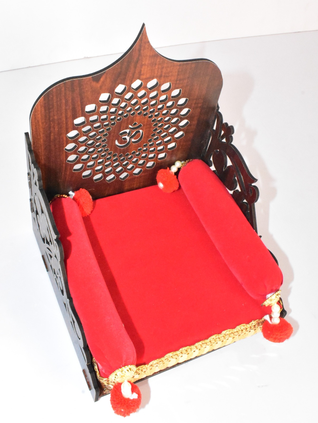 Elegant Wooden Om Chowki for Laddu Gopal | Divine Handmade Pooja Decor for Home Temple - Image 3