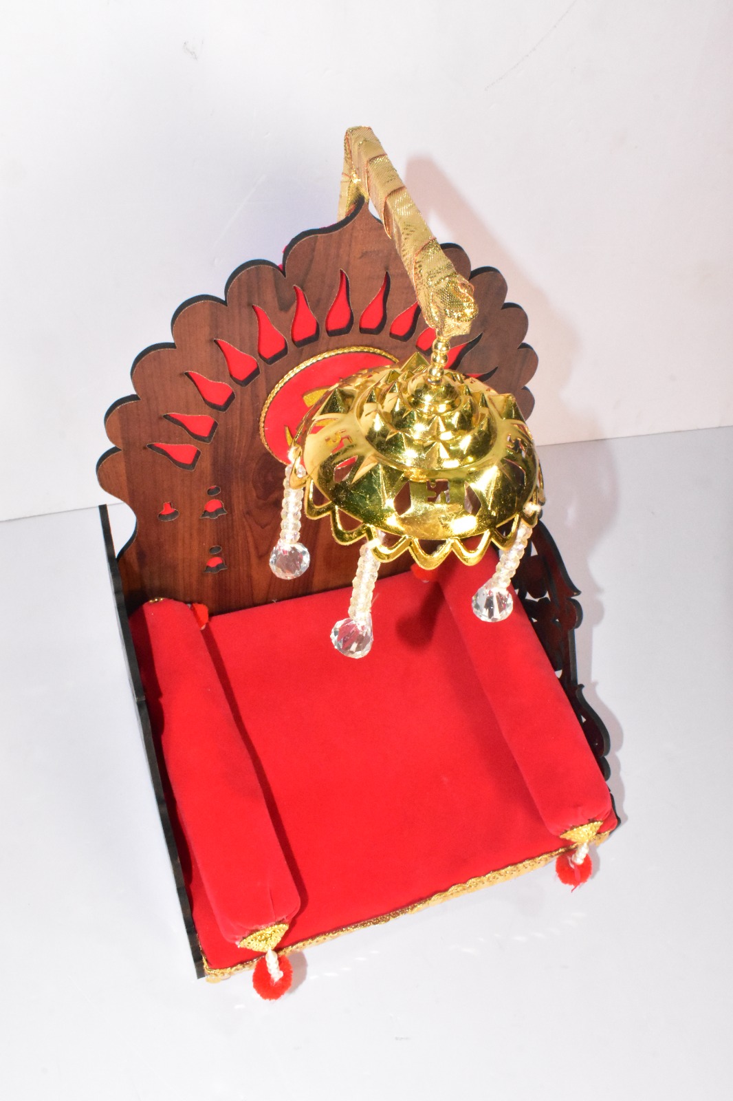 Premium Wooden Om Singhasan for Laddu Gopal | Luxury Velvet Pooja Seat with Decorative Canopy - Image 3