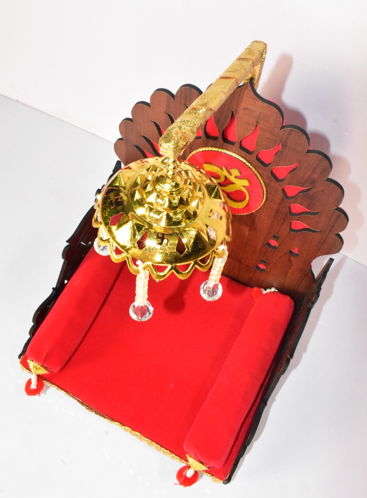 Premium Wooden Om Singhasan for Laddu Gopal | Luxury Velvet Pooja Seat with Decorative Canopy - Image 2
