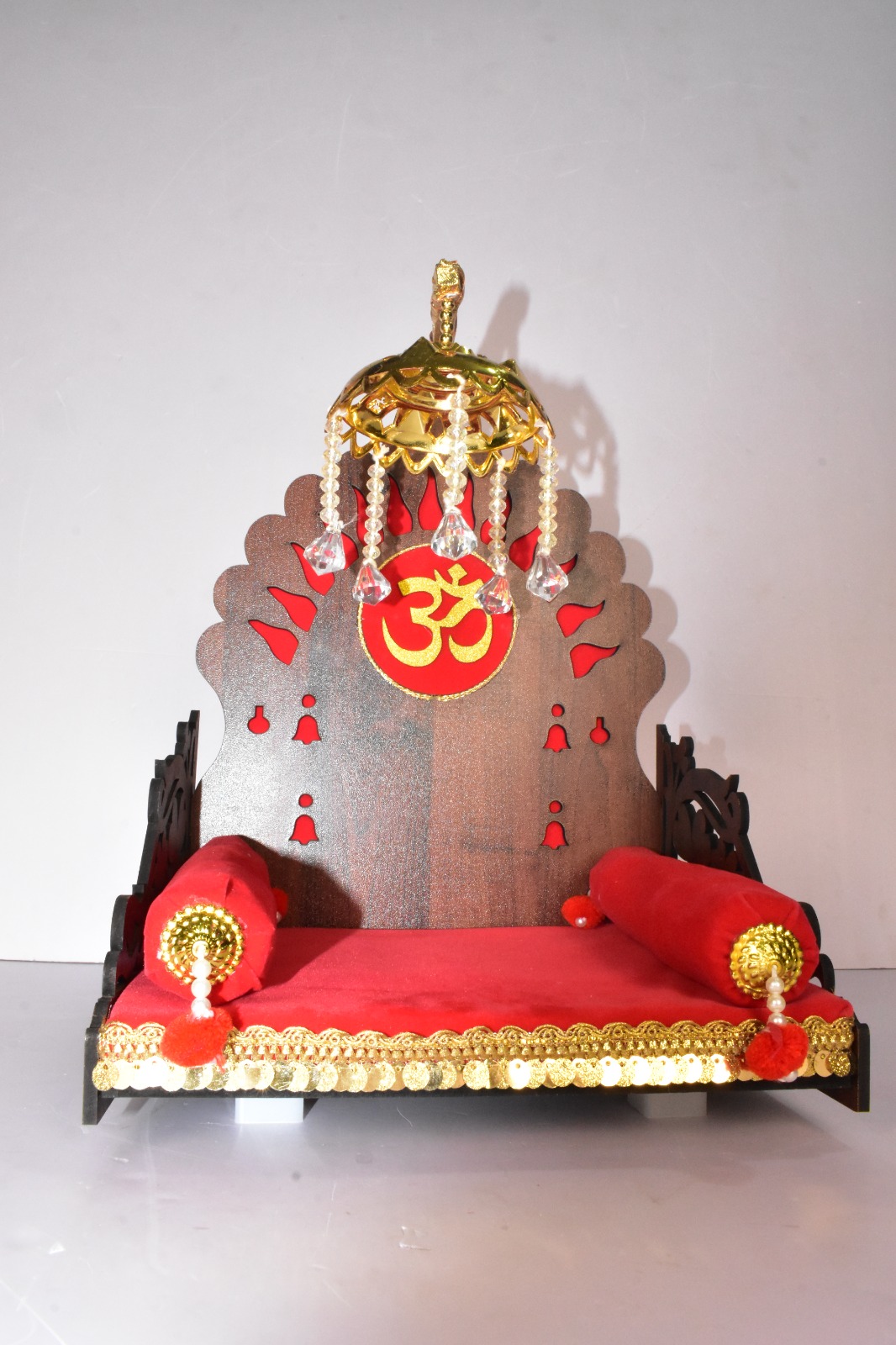 Premium Wooden Om Singhasan for Laddu Gopal | Luxury Velvet Pooja Seat with Decorative Canopy