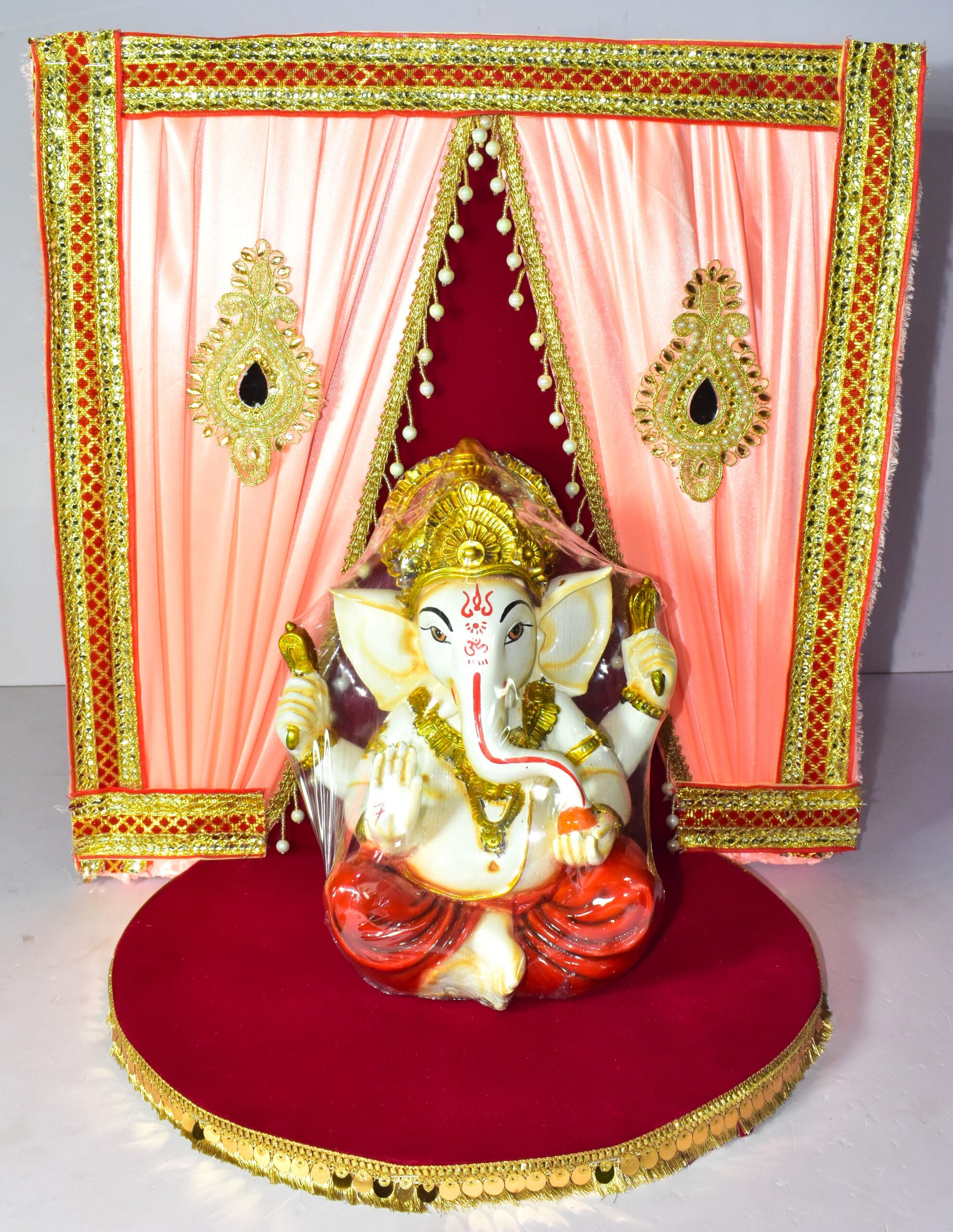Royal Red & Golden Chowki Decoration | Elegant Traditional Setup !! Lord Ganesha is not included. - Image 3