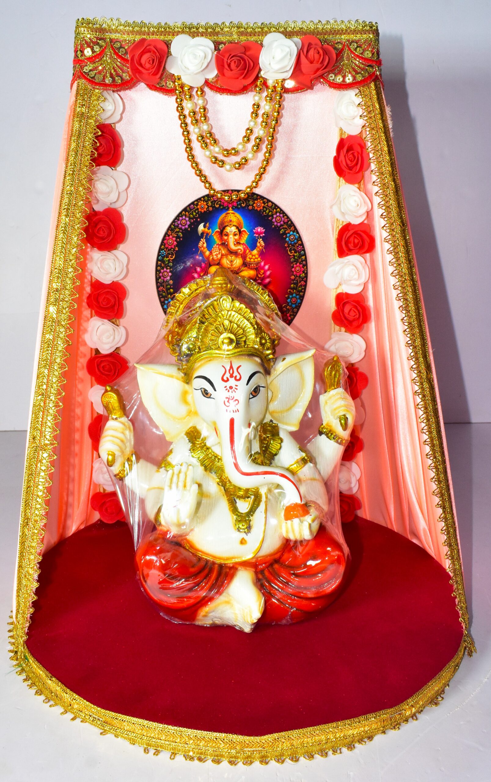 Elegant Red & White Rose Ganesh Chowki | Royal Festive Decoration !! Lord Ganesha is not included. - Image 2