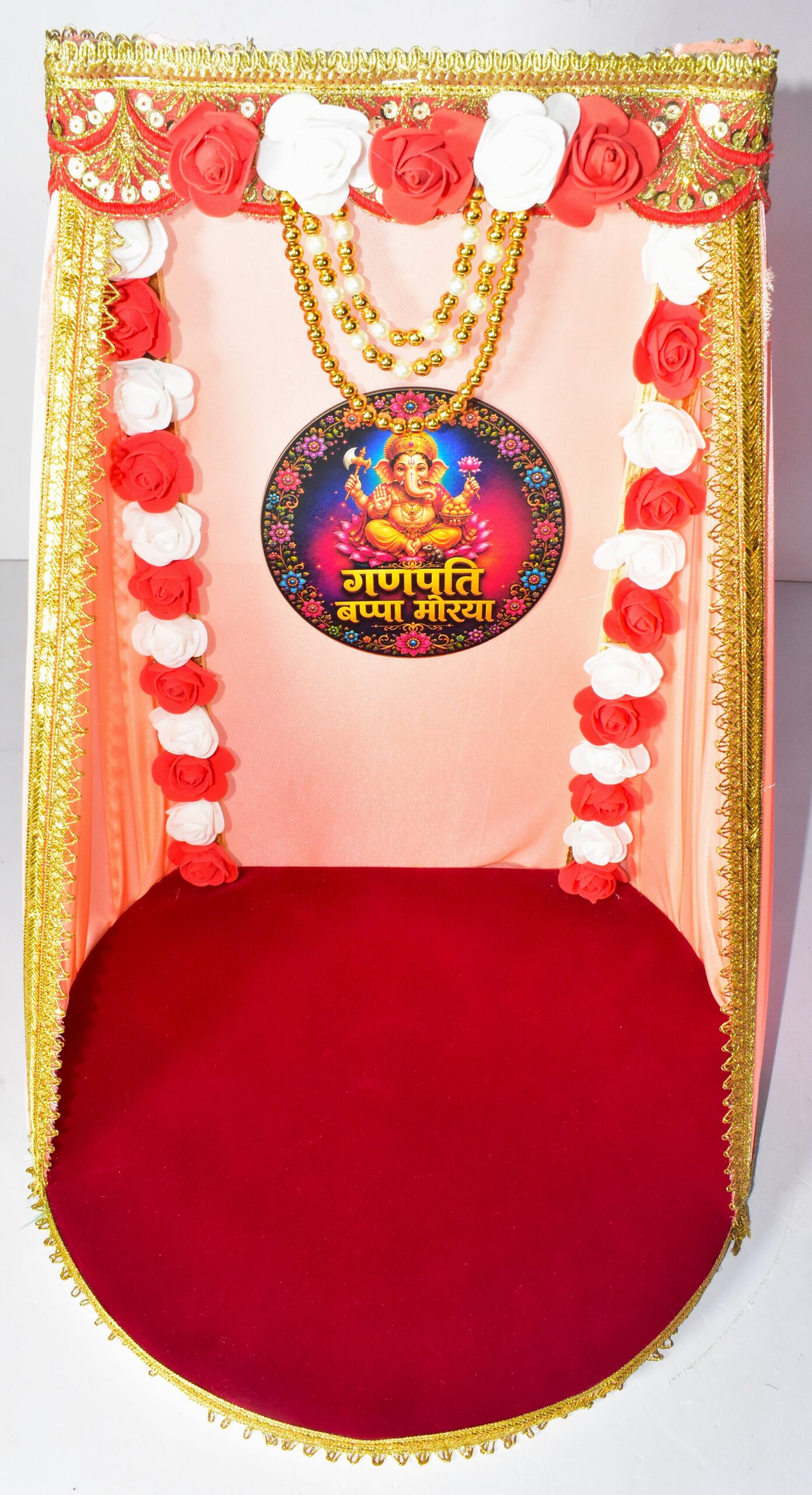 Elegant Red & White Rose Ganesh Chowki | Royal Festive Decoration !! Lord Ganesha is not included. - Image 3