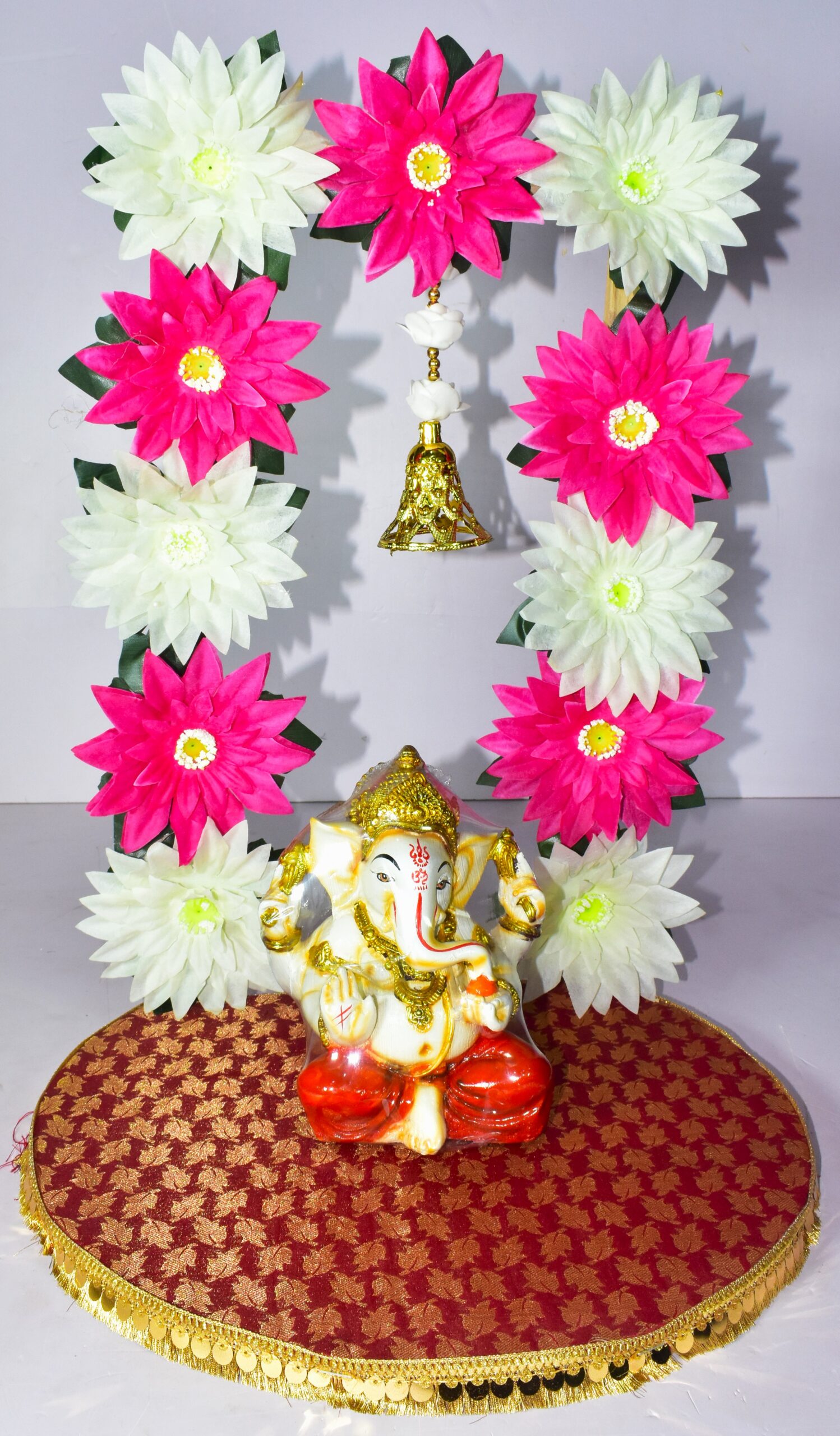 Pink & White Floral Ganesh Chowki | Elegant Traditional Decoration !! Lord Ganesha is not included. - Image 2