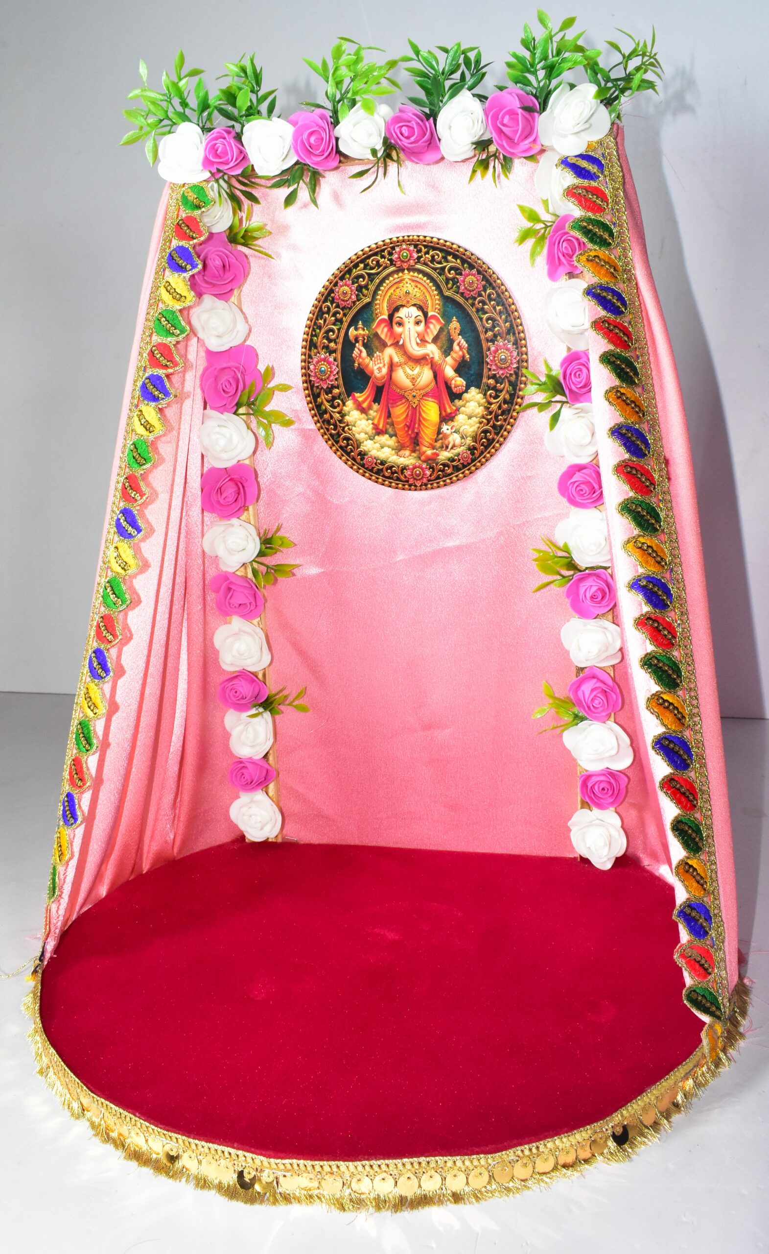 Beautiful Pink Floral Ganesh Chowki | Elegant & Traditional Decoration !! Lord Ganesha is not included. - Image 3