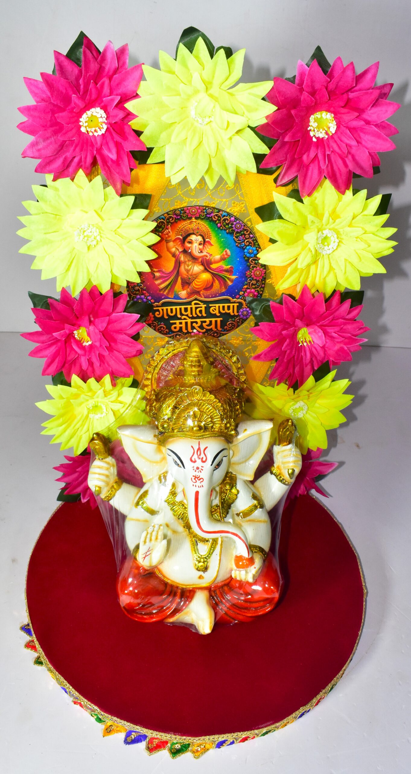 Vibrant Pink & Yellow Ganesh Chowki Decoration | Festive Elegance !! Lord Ganesha is not included. - Image 3