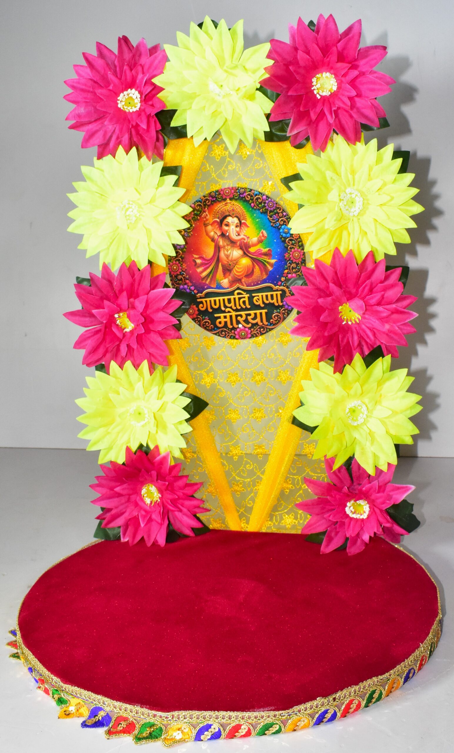 Vibrant Pink & Yellow Ganesh Chowki Decoration | Festive Elegance !! Lord Ganesha is not included.