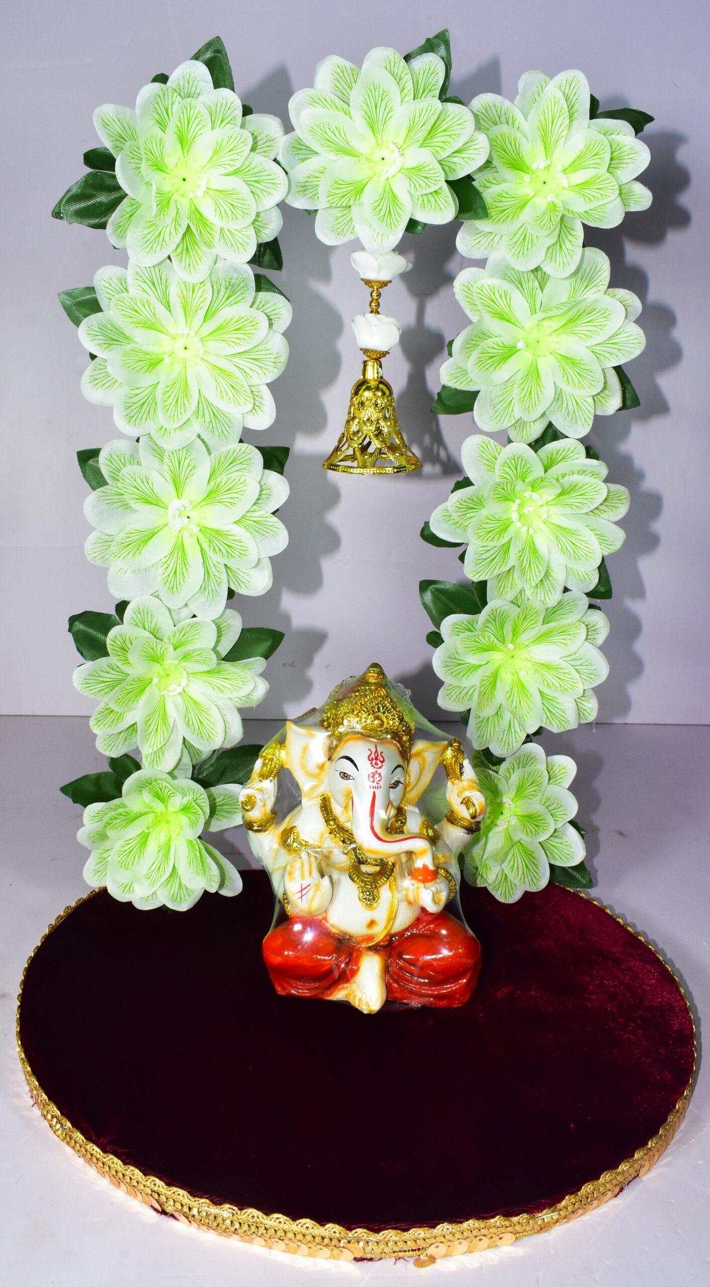Elegant White & Green Floral Chowki Decoration | Graceful Festive Decor !! Lord Ganesha is not included. - Image 2