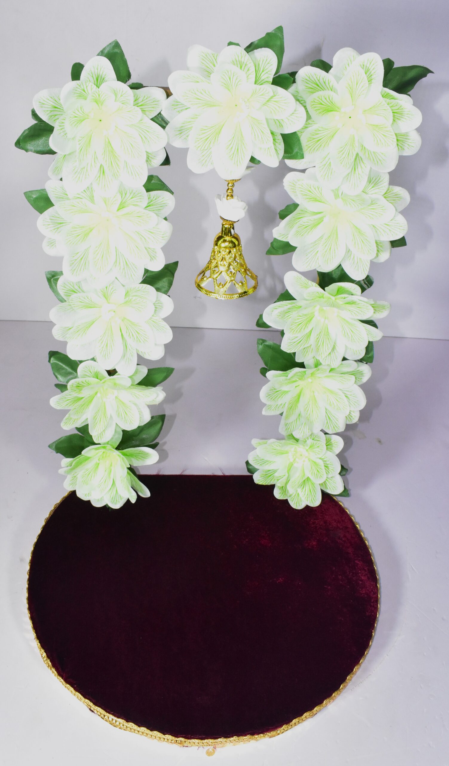 Elegant White & Green Floral Chowki Decoration | Graceful Festive Decor !! Lord Ganesha is not included. - Image 3