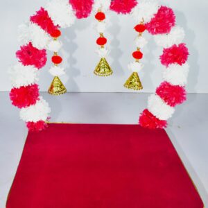 Elegant Red & Gold Pooja Chowki with Floral Arch