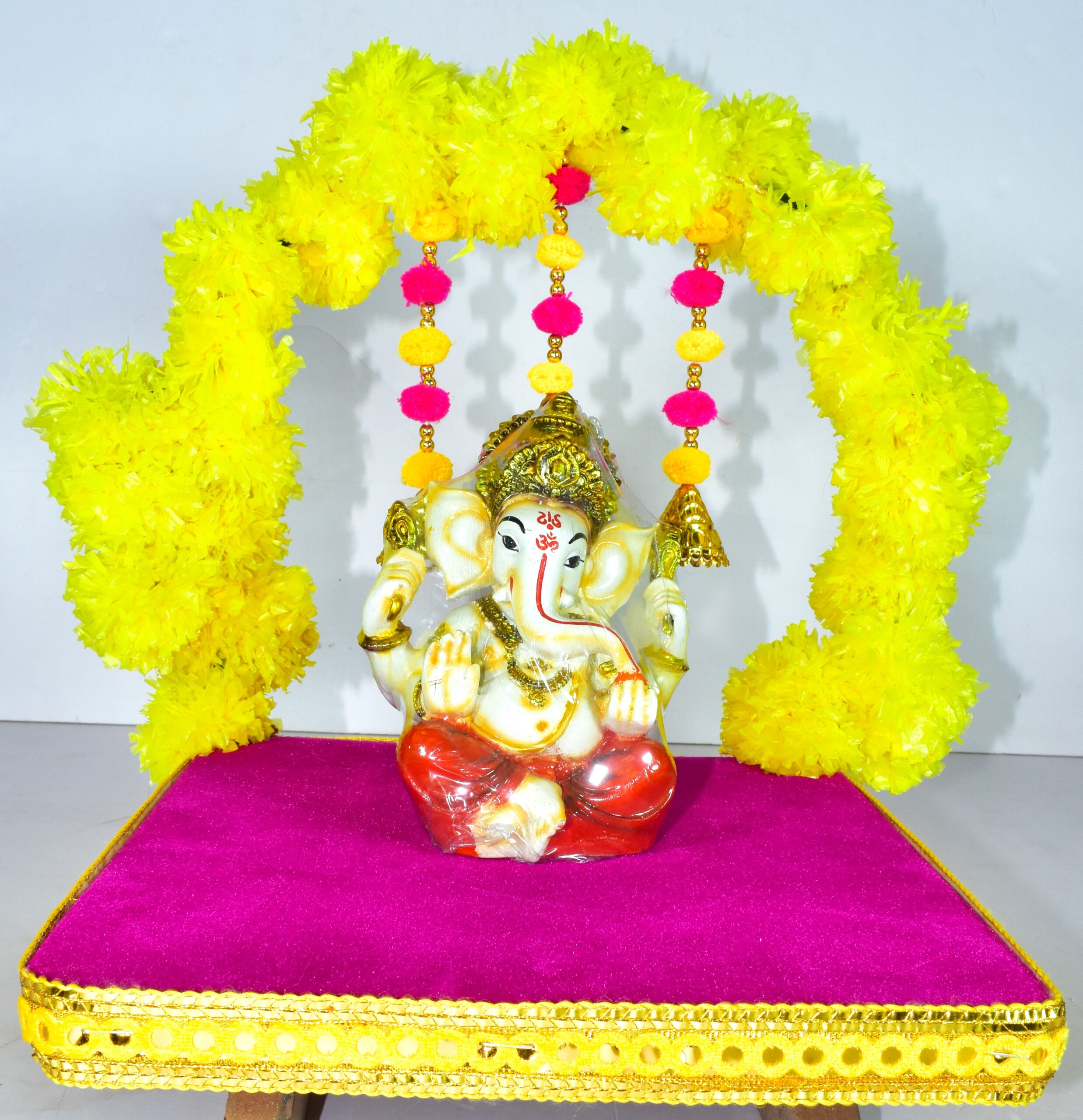 Bright Yellow & Pink Pooja Chowki for Festive Decor !Lord Ganesha will not be available together/included with this." - Image 2